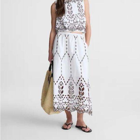 Madewell Dresses & Skirts - NWT Madewell Embroidered 100% Cotton Poplin Midi Skirt White Brown Size Large